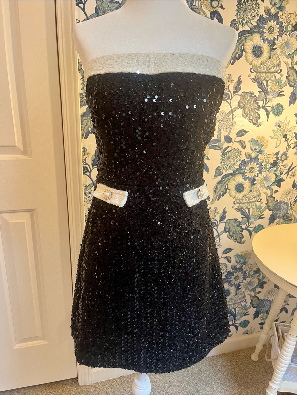 Vici Black Sequin Strapless Dress with Ivory Trim